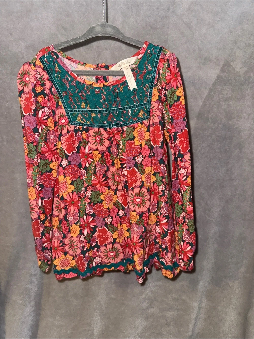 Matilda Jane Pink Floral Blouse with Teal Embroidered Yoke
